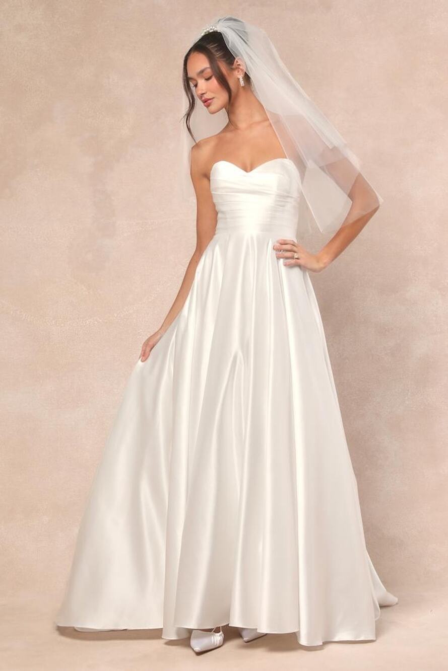 NWT Lulus Khalida White Satin Pleated Strapless Gown Wedding Bridal Dress Sz L